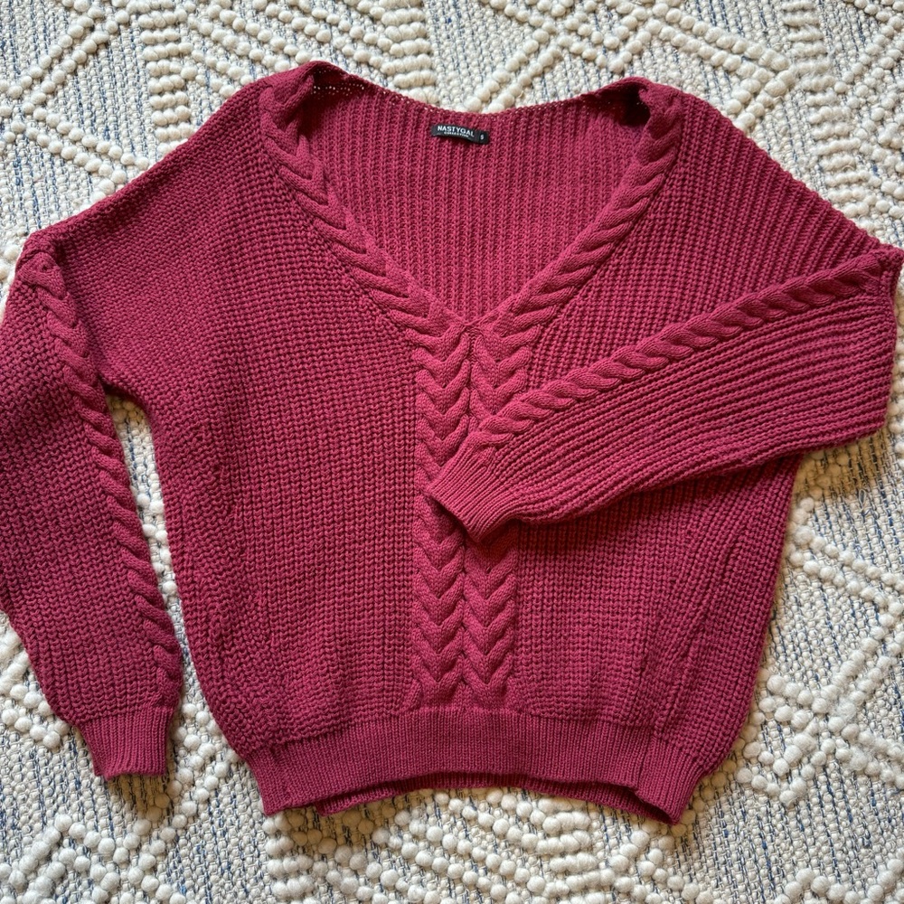 Fuchsia sweater with beautiful knitted detailing along neckline and sleeves